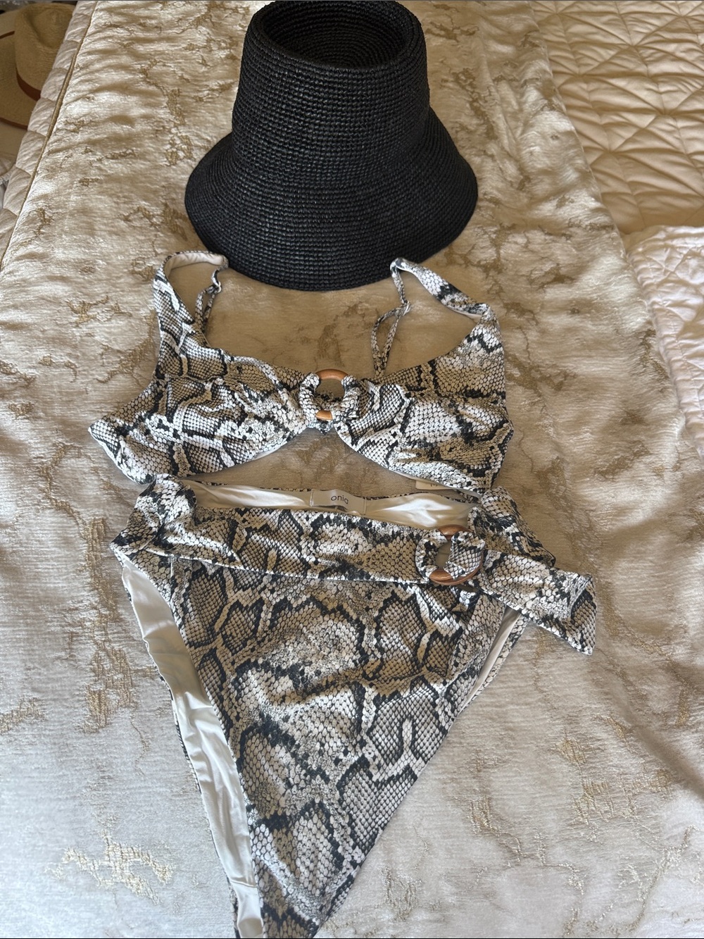Onia Snake-Print Swim Bottom in Black and Cream